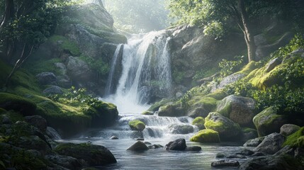 A serene waterfall flowing over moss-covered rocks in a forested area.