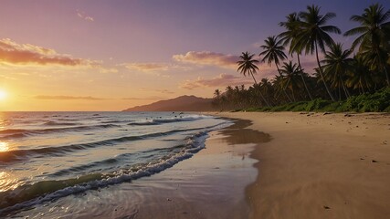 Obraz premium A serene tropical beach sunset with swaying palm trees, perfect for evoking relaxation, travel dreams, and nature's beauty in vibrant vector style. Enjoy the tranquility!