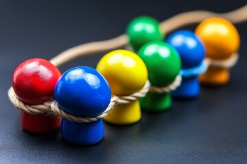 Set of brightly colored wooden spheres arranged in a playful stack each ball tied with rope symbolizing balance order and the tactile interaction of material and color