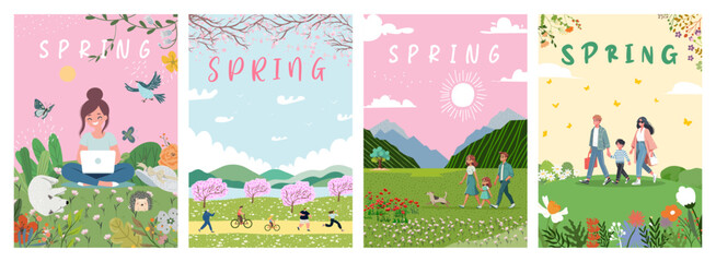 Spring. tree forest Spring park, summer farm poster. Urban city street.