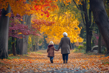 Fototapeta premium Grandmother and granddaughter walking hand in hand through a park with colorful autumn leaves around them.
