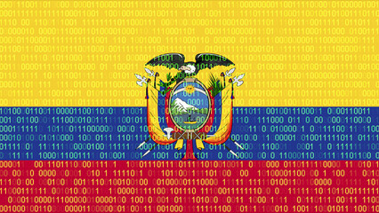 Binary code on flag of Ecuador. Program source code or Hacker concept on Ecuadorian flag. Ecuador digital technology security, hacking or programming
