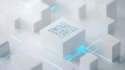 3D QR code on a white geometric background, futuristic design.