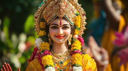 Fototapeta premium Goddess Laxmi portrait LAKSHMI Beautiful Hindu goddess with golden lotus and colorful flower garlands, holy face with happy smile, wearing yellow dress with red border on chest, full body with detaile