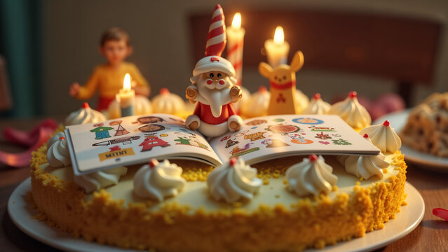 A Colorful Sticker Book Opened on a Festive Cake, Merging Childhood Nostalgia with Celebration