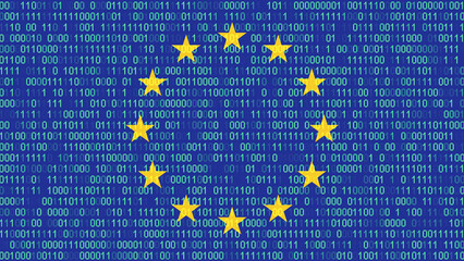 Binary code on flag of Europe. Program source code or Hacker concept on European Union flag. EU Union digital technology security, hacking or programming