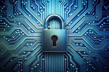 Padlock on circuit board symbolizing cybersecurity and data protection