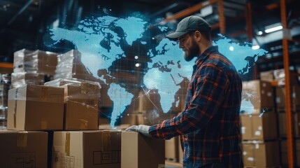 A warehouse worker manages boxes with a digital world map overlay, showcasing inventory management and logistics technology.