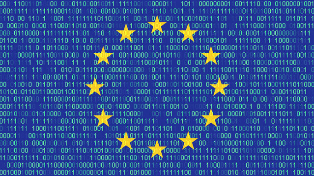 Binary code on flag of Europe. Program source code or Hacker concept on European Union flag. EU Union digital technology security, hacking or programming