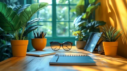 A wooden desk with a notebook, glasses, pencils, and plants in front of a window.