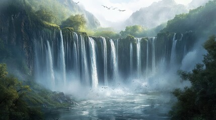 Fototapeta premium A wide waterfall with multiple streams of water falling into a river, surrounded by a dense, foggy forest