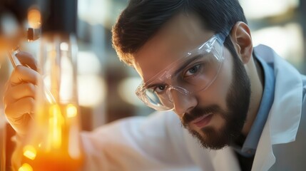 Scientist examining experiment in laboratory with focused expression and protective gear.