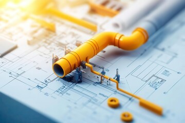 Yellow pipe detail on engineering blueprint, showcasing industrial design.