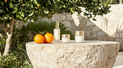 Porous stone podium with oranges and beauty products in a sun-drenched setting, highlighting clean, natural skincare with a refreshing, citrus twis
