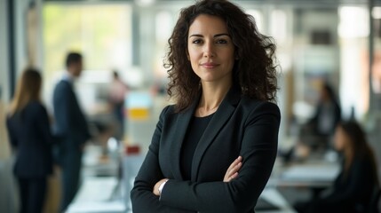 Confident professional woman in office setting with colleagues in the background.