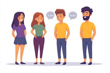 Fototapeta premium Illustration of three people having a casual conversation with speech bubbles above their heads symbolizing dialogue social interaction and the sharing of ideas in everyday life