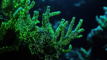 Fototapeta premium Neon coral branches intertwining with digital pathways