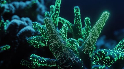 Fototapeta premium Complex green coral lit with digital circuit patterns.