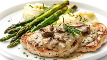 Veal escalope with mushroom sauce, mashed potatoes, and grilled asparagus on a clean white background.