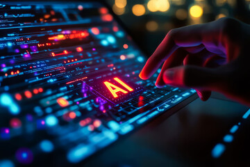 Obraz premium Creating the future: programmer controls artificial intelligence. 