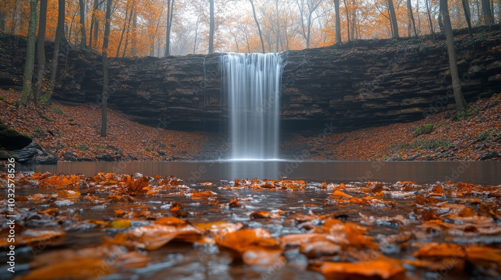 Poster water cascades gently over a rocky ledge, filling a calm pool below. the surrounding area is adorned