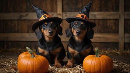 Charming Dachshund puppies in festive Halloween costumes, surrounded by Jack-o'-lanterns on a rustic wood backdrop, ideal for seasonal festivities and pet enthusiasts. Celebrate in style!