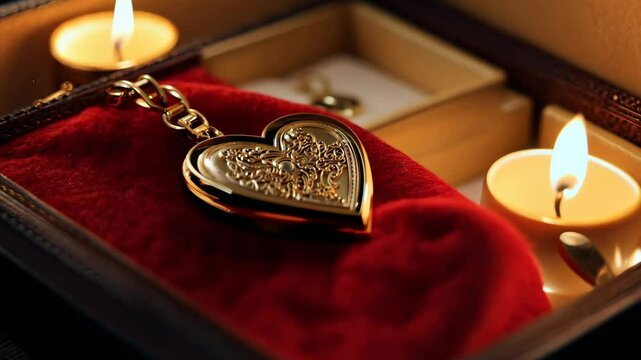 A heart-shaped locket rests on a red velvet cushion inside a jewelry box, illuminated by soft candlelight.