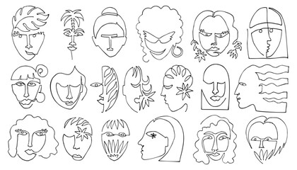 Women faces hand drawn minimal continuous one line. Minimalist Simple Linear vector illustration set of woman portraits design.