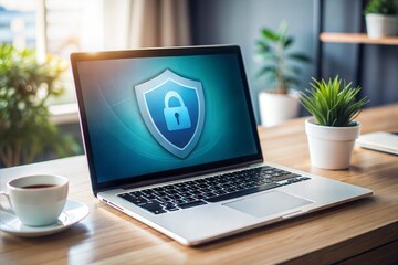 Laptop with shield and lock icon representing digital security