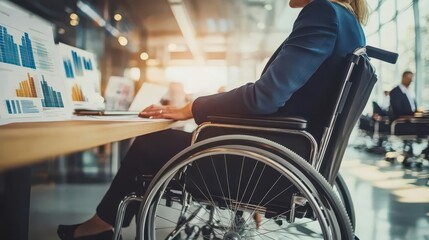 Obraz premium A businesswoman in a wheelchair working with financial analysts on a new business venture