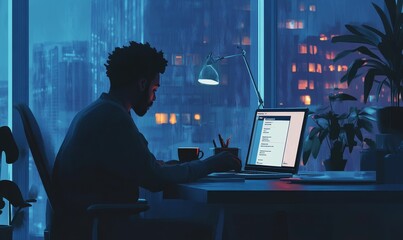 Man works on laptop at night in city.