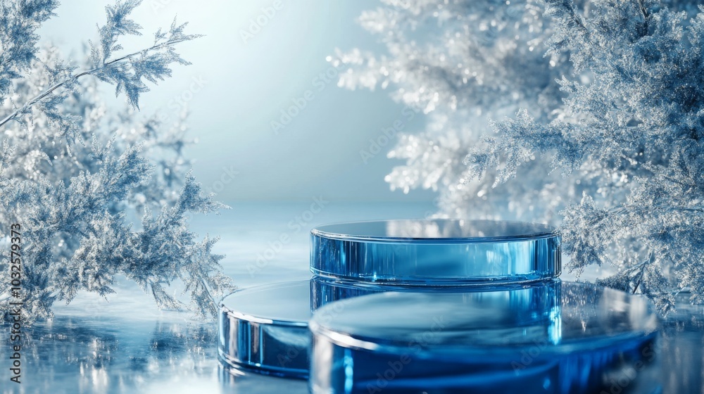 Poster In a tranquil winter setting, circular blue objects rest on a reflective surface, framed by frost-covered foliage. The soft, cool colors create a peaceful atmosphere, embodying the essence of winter.