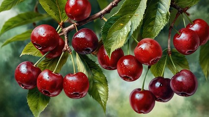 Colorful watercolor cherries nestled among vibrant green leaves, perfect for nature enthusiasts. This panoramic art piece enhances any home decor with its lively, refreshing charm.