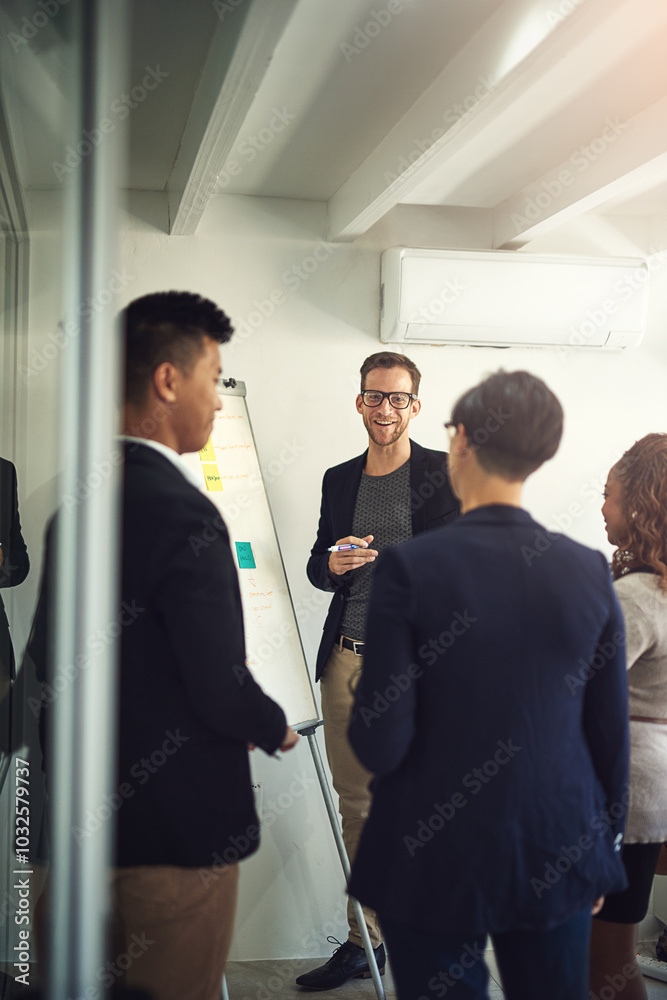 Aufkleber Employees, whiteboard and presentation in office with team, web development plan and project. Business people, collaboration and ideas for programming in meeting, workshop and solution for coding