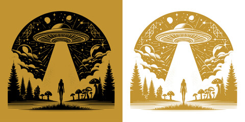 girl and ufo in the forest design © iqbal