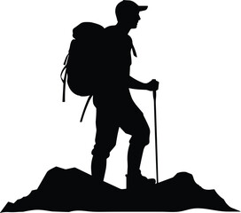 A black and white hiking logo with a male hiker holding a walking stick and backpack.