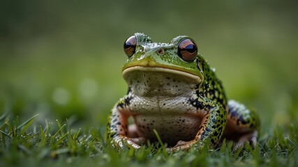 Obraz premium Czech frog rests peacefully on vibrant grass, embodying minimalist beauty. A serene nature scene celebrating simplicity, greenery, and wildlife for art lovers and nature enthusiasts alike.
