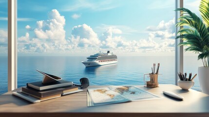 Cruise vacation planning desk with world maps and view of the ship deck in expansive ocean, luxury travel concept.