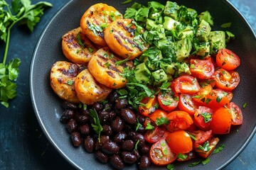 Grilled Peppers, Tomatoes, Avocado, Black Beans, and Parsley Salad