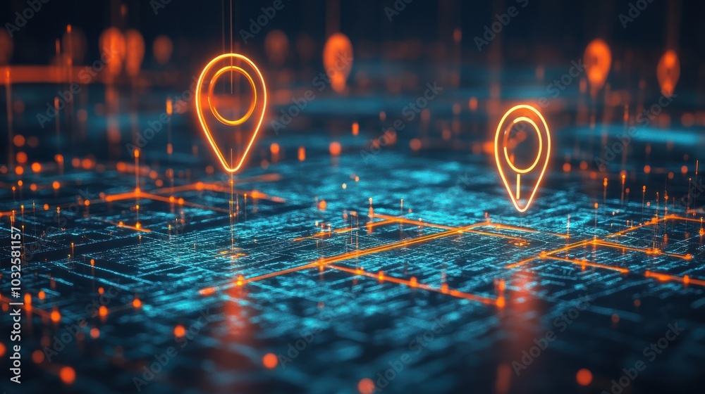 Poster digital map showing location with two icons representing artificial intelligence technology in gps, 