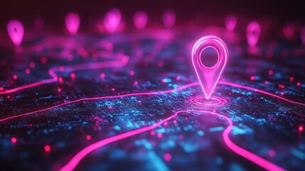 Digital GPS, neon map pin location. Innovation navigation technology concept, network connection, information pointers