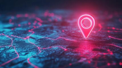 Digital GPS, neon map pin location. Innovation navigation technology concept, network connection, information pointers