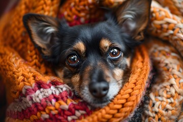 Cozy Canine Wrapped in a Colorful Knit Blanket