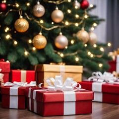 Festively wrapped gifts surrounded by colorful Christmas balls under a beautifully decorated spruce tree during the joyous New Year season. Generative AI