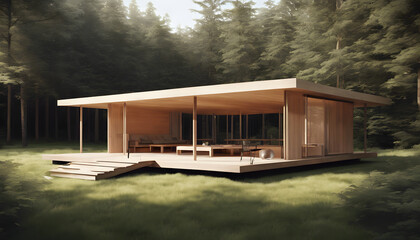 Sustainable timber pavilion with sliding glass walls, blending indoor-outdoor seamlessly.