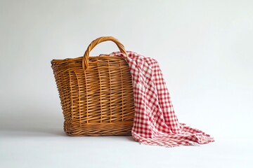 A rustic woven basket holds a red checkered cloth. This charming image captures a simple yet inviting style. Perfect for showcasing picnic themes or home decor inspirations. AI