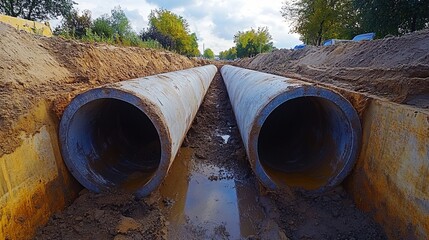 Water pipes, large concrete pipes Preparing the ground