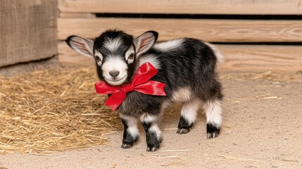 Fototapeta premium A charming baby goat adorned with a red bow poses against a softly blurred, beautiful backdrop in a heartwarming setting