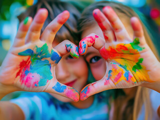 a boy and a girl form a heart together with their hands. which are painted colorful. you can see the faces in the background above the hands