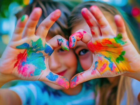 a boy and a girl form a heart together with their hands. which are painted colorful. you can see the faces in the background above the hands
